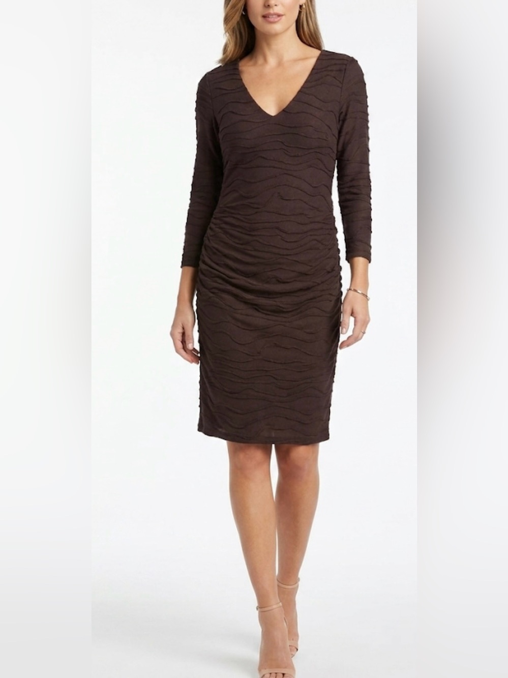 Anne Klein Brown Ruched Long Sleeve V-Neck Midi Dress Size 4